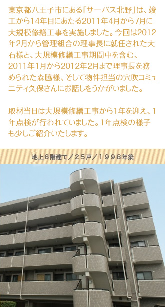 東京都八王子市にある「サーパス北野」は、竣工から14年目にあたる2011年4月から7月に大規模修繕工事を実施しました。今回は2012年2月から管理組合の理事長に就任された大石様と、大規模修繕工事期間中を含む、2011年1月から2012年2月まで理事長を務められた森脇様、そして物件担当の穴吹コミュニティ久保さんにお話しをうかがいました。取材当日は大規模修繕工事から1年を迎え、1年点検が行われていました。1年点検の様子も少しご紹介いたします。
